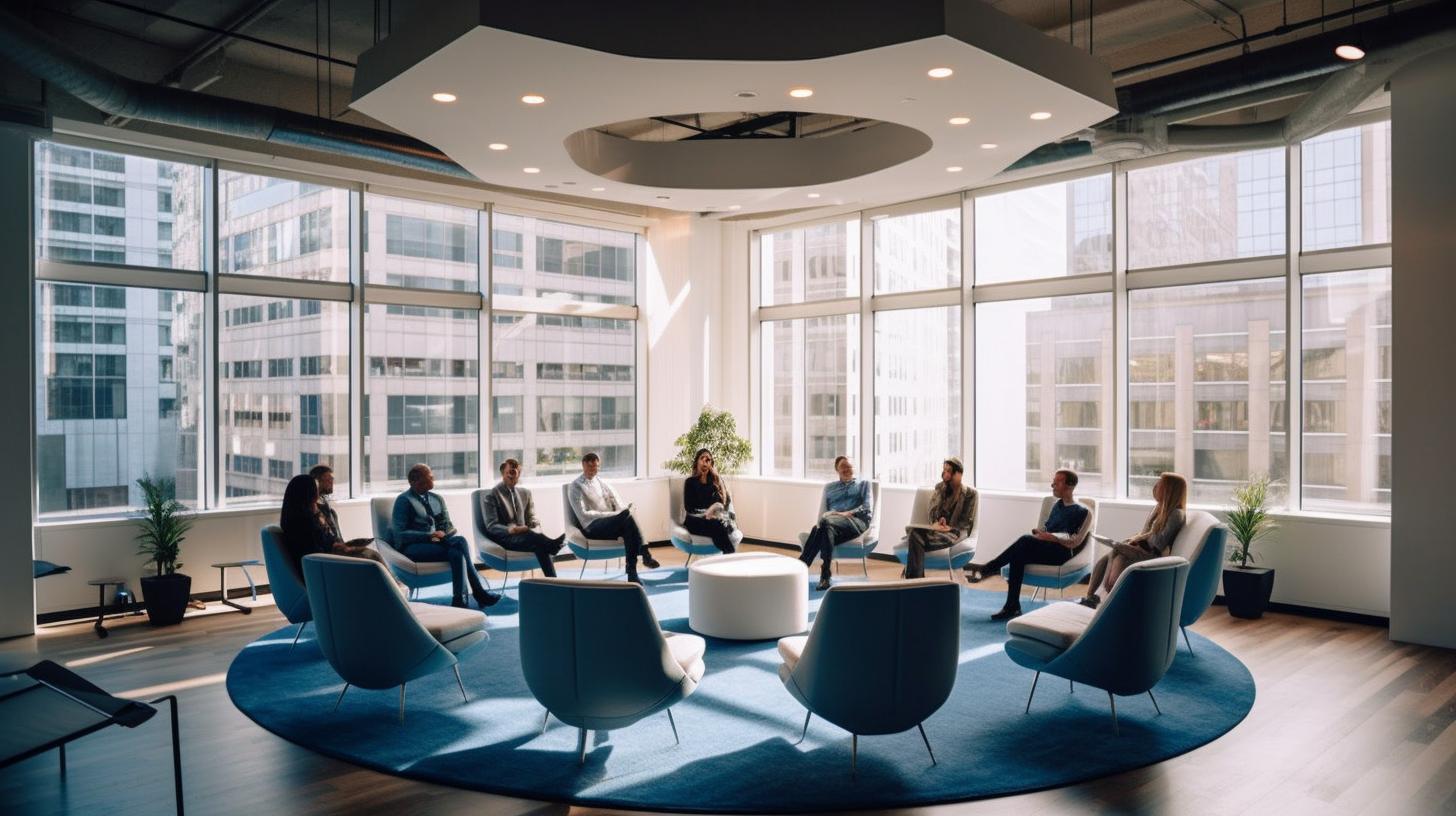 "Un grupo de personas sentadas en círculo en una oficina con muchas ventanas, iluminada de manera tenue, con tonos de índigo claro, bronce claro, verde azulado oscuro y gris claro, evocando un ambiente minimalista y melancólico."