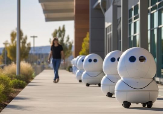 "Un grupo de robots blancos caminando por una pasarela, en un paisaje en movimiento, con un estilo que recuerda a las imágenes comerciales y retratos de redes sociales."