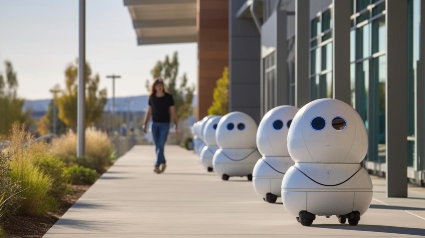 "Un grupo de robots blancos caminando por una pasarela, en un paisaje en movimiento, con un estilo que recuerda a las imágenes comerciales y retratos de redes sociales."