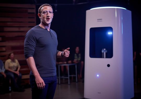 "Facebook presenta un nuevo dispensador de agua en una exposición, con un estilo grandioso y elegante, iluminado con sombras luminosas, inspirado en el arte de Harry Bertoia."