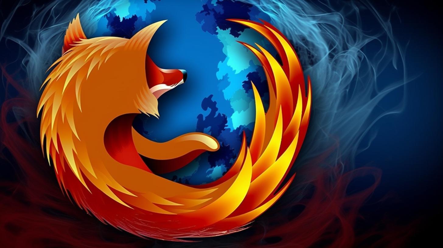 "Icono de Firefox vibrante y enérgico, integrado en un fondo de pantalla de arte digital agresivo, con toques de arte del dragón y elementos de Hurufiyya."