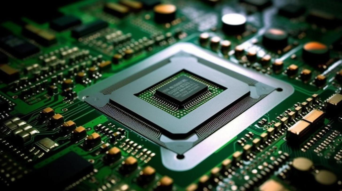 Un chip de CPU colocado en una placa de circuito verde llena de componentes electrónicos, con un estilo de superficies altamente pulidas y tonos de verde oscuro y claro, evocando una sensación de innovación y calidez.