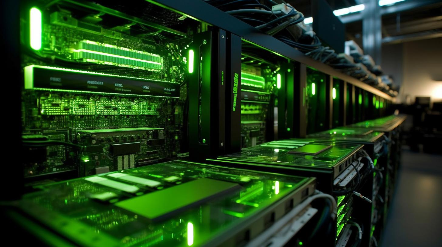 "Un conjunto de computadoras en una sala verde, con un estilo de metal líquido, en tonos de verde oscuro y claro, con una energía dinámica y específica del lugar."