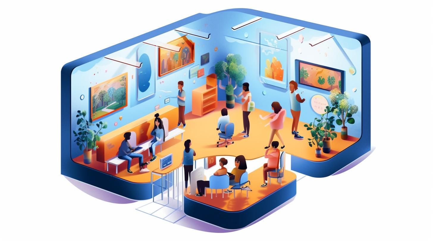 Una ilustración colorida y lúdica que muestra a un grupo de personas moviéndose por una habitación, con un estilo que recuerda a las ilustraciones médicas y múltiples pantallas en el espacio pictórico.