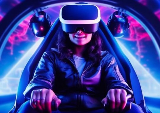 Una mujer con un casco de realidad virtual pilota una nave espacial, en un estilo de realismo vívido con tonos de azul marino claro y magenta, y luces de neón redondeadas.