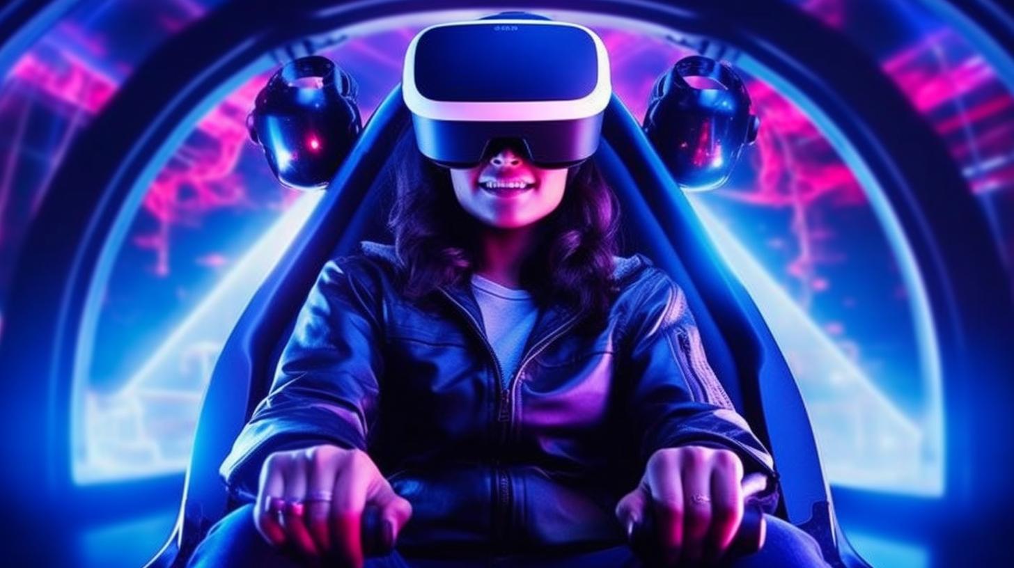 Una mujer con un casco de realidad virtual pilota una nave espacial, en un estilo de realismo vívido con tonos de azul marino claro y magenta, y luces de neón redondeadas.