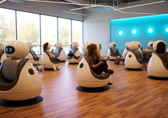 "Robotic chairs dispuestas en un aula, en un ambiente sereno y pacífico, con tonos de azul claro y beige, creando una atmósfera inmersiva y acogedora."