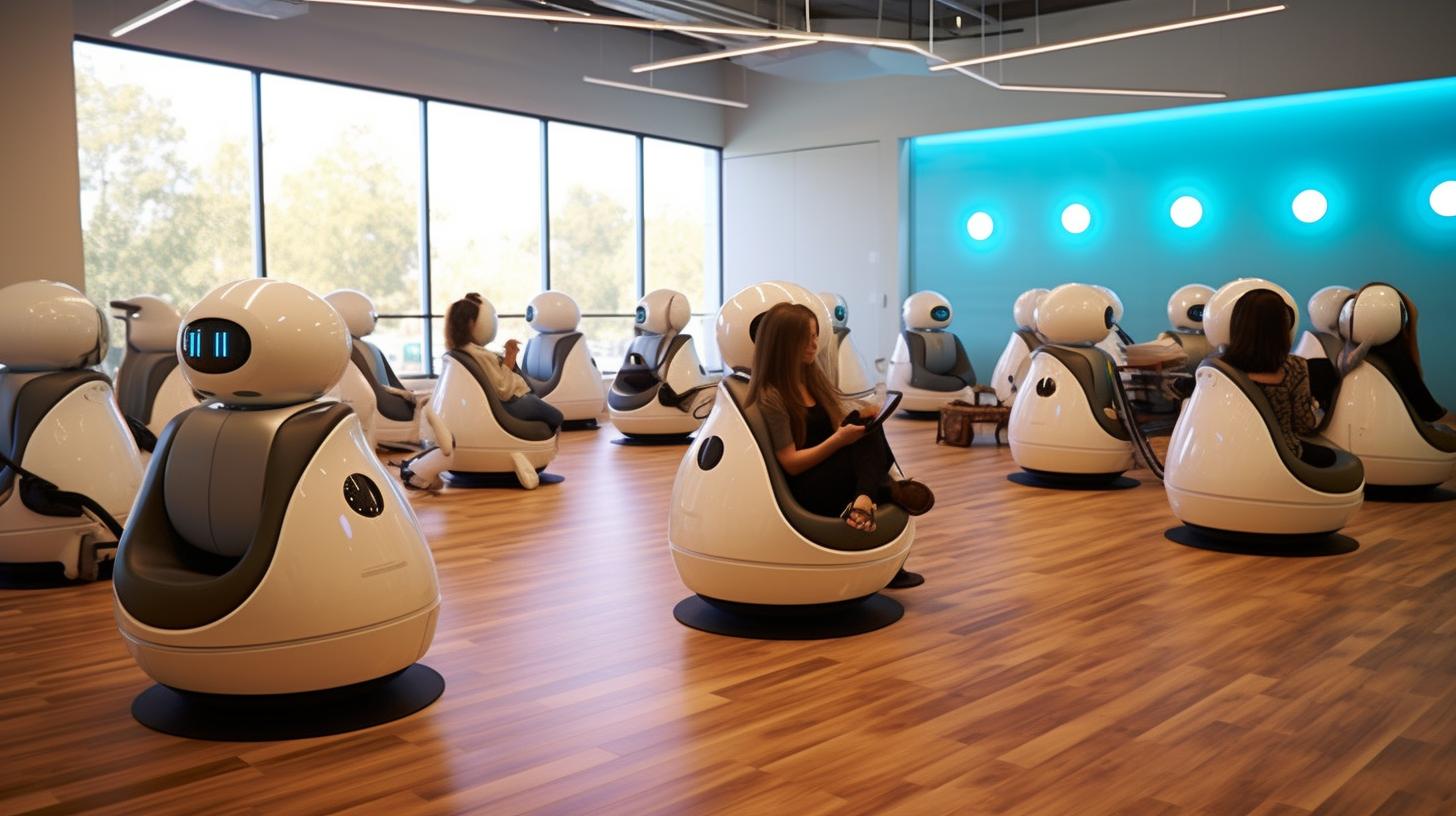 "Robotic chairs dispuestas en un aula, en un ambiente sereno y pacífico, con tonos de azul claro y beige, creando una atmósfera inmersiva y acogedora."