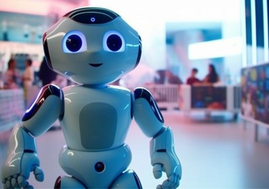 Un robot con ojos brillantes en un centro comercial, presentado con un estilo académico de internet, acabados metálicos y una empatía humanística, en un ambiente laboral icónico y punteado.