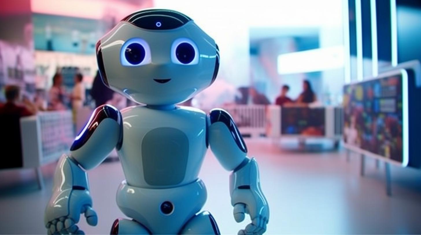Un robot con ojos brillantes en un centro comercial, presentado con un estilo académico de internet, acabados metálicos y una empatía humanística, en un ambiente laboral icónico y punteado.