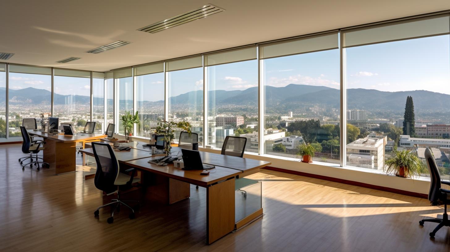 "Oficinas y espacios de trabajo con ventanas que ofrecen vistas panorámicas a las montañas, inspiradas en el estilo del artista Santiago Rusiñol, capturadas desde un ángulo elevado."