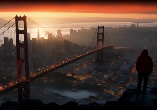 "Una persona se encuentra en la cima de un acantilado cerca del famoso puente Golden Gate, en un estilo que recuerda a las obras de Evgeny Lushpin y Don Bluth, con un paisaje urbano inspirado en los cómics de Marvel."