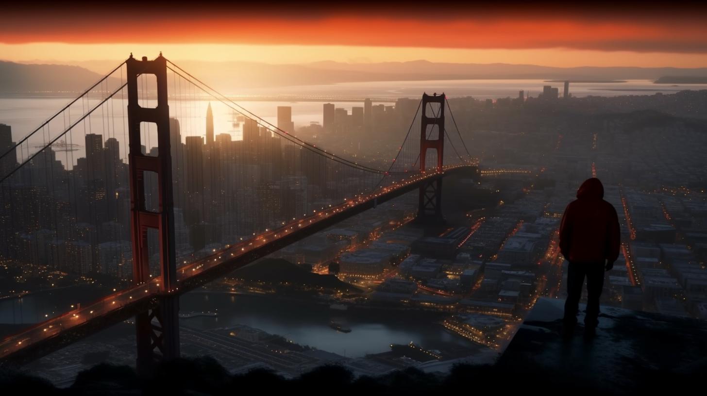 "Una persona se encuentra en la cima de un acantilado cerca del famoso puente Golden Gate, en un estilo que recuerda a las obras de Evgeny Lushpin y Don Bluth, con un paisaje urbano inspirado en los cómics de Marvel."