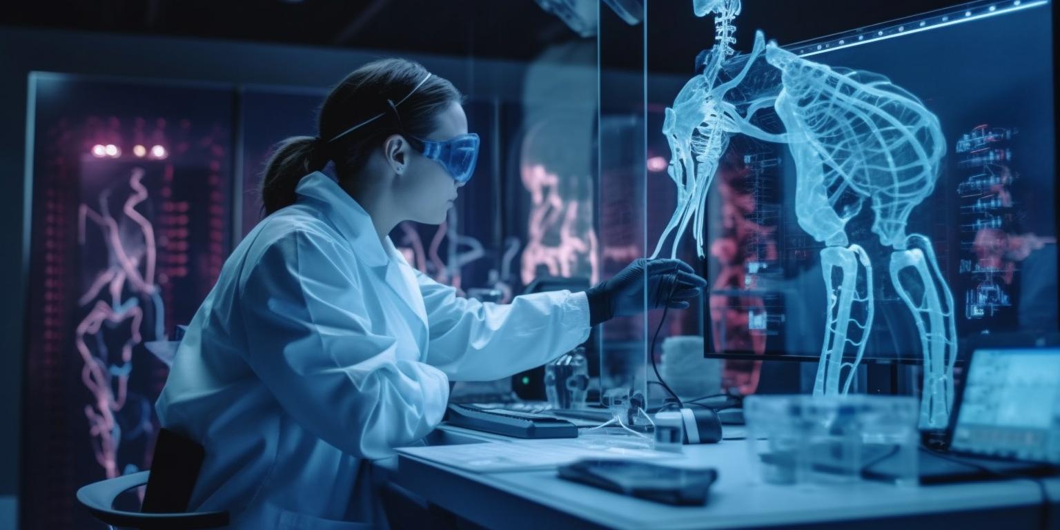 Una mujer con bata de laboratorio trabajando en un escáner de rayos X, con una estética futurista de ciencia ficción, figuras realistas, esqueletos visibles, narrativa visual y moldes corporales, todo en un ambiente surrealista.