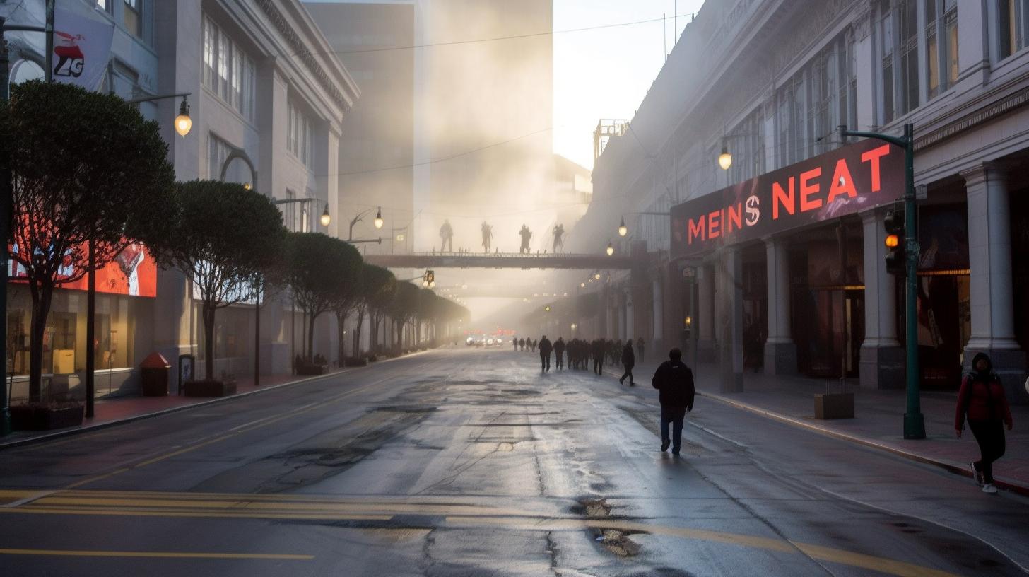 "Una multitud de personas camina por una calle de la ciudad envuelta en niebla, iluminada por una luz dorada, evocando el estilo de retrato ambiental neo-op de Michael Heizer y Mike Campau."