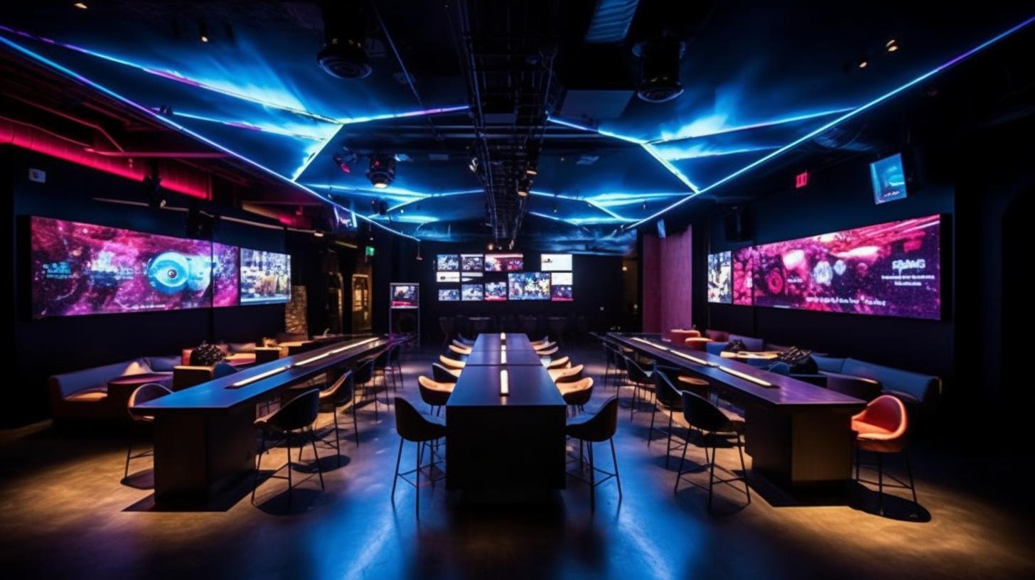 "Una zona de bar con múltiples pantallas gigantes, en tonos oscuros de negro y azul, que refleja la vibrante vida nocturna de la ciudad de Nueva York desde una perspectiva de techo volado."