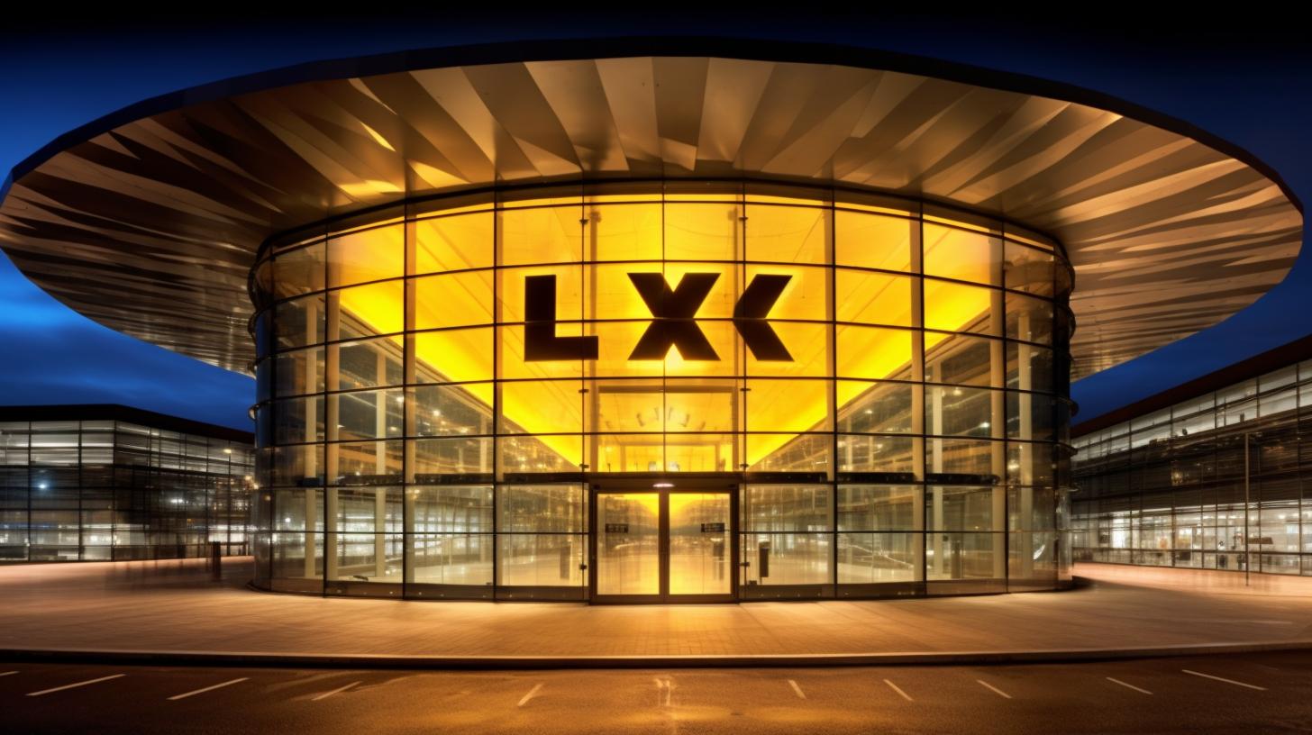 "Vista nocturna del edificio LXK iluminado en tonos oscuros de amarillo, con un estilo de letras dinámicas y una sensación de viaje, bajo una luz natural que evoca un ambiente lunarpunk."