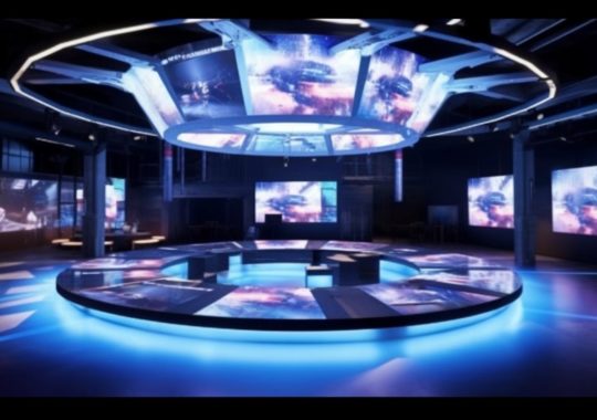 Una sala futurista llena de televisores rodeados de luces, en tonos de índigo oscuro y azul claro, con superficies vidriadas que reflejan un ambiente interactivo al estilo Hallyu y Toonami.