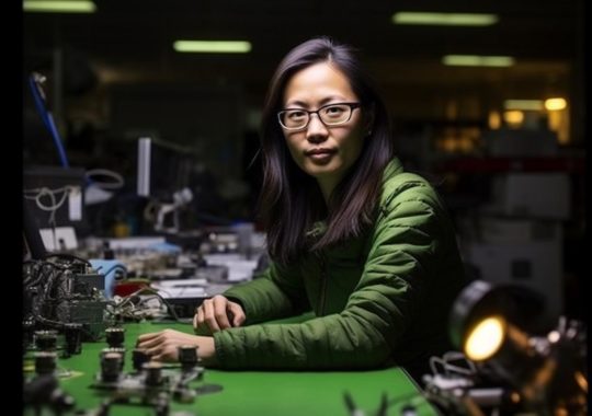 Una mujer sentada frente a una mesa verde, rodeada de varias piezas de maquinaria, iluminada de manera exquisita y con un ambiente que evoca la precisión de la ingeniería y el estilo chinapunk.