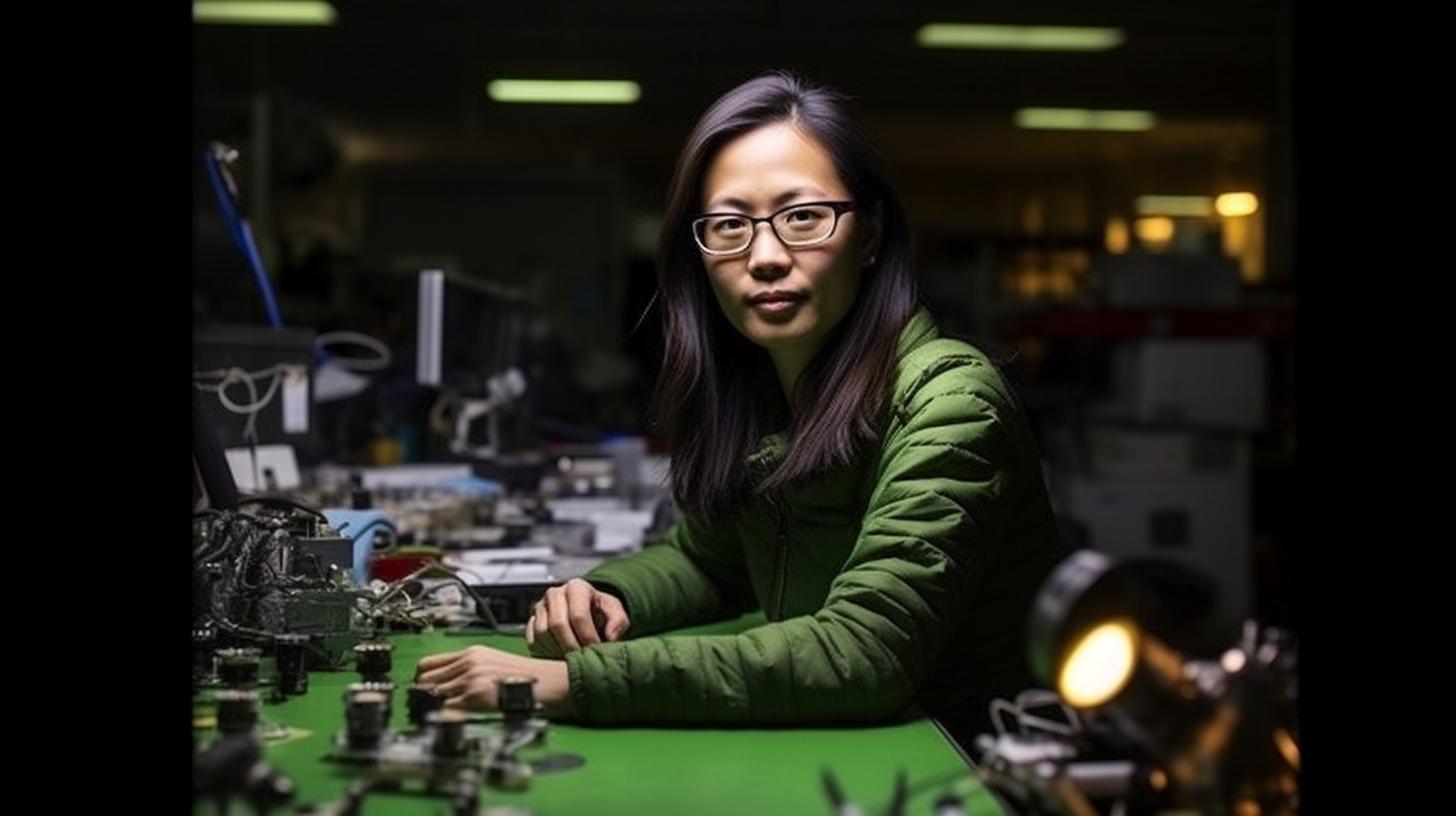 Una mujer sentada frente a una mesa verde, rodeada de varias piezas de maquinaria, iluminada de manera exquisita y con un ambiente que evoca la precisión de la ingeniería y el estilo chinapunk.