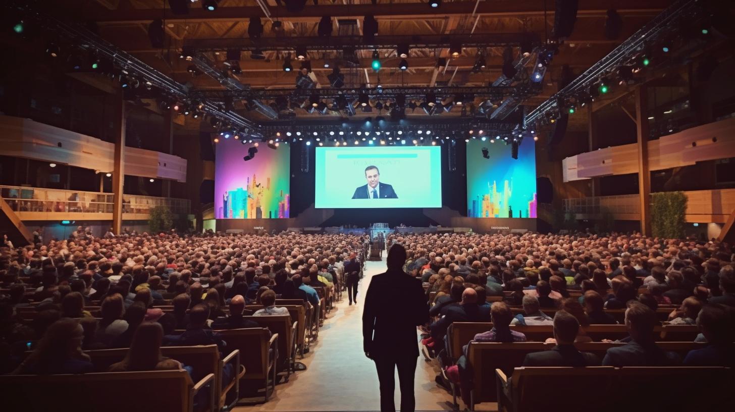 "Una multitud en un gran salón observa atentamente a un orador en el escenario, rodeados por la naturaleza noruega y mosaicos coloridos, todo en tonos de verde y azul."