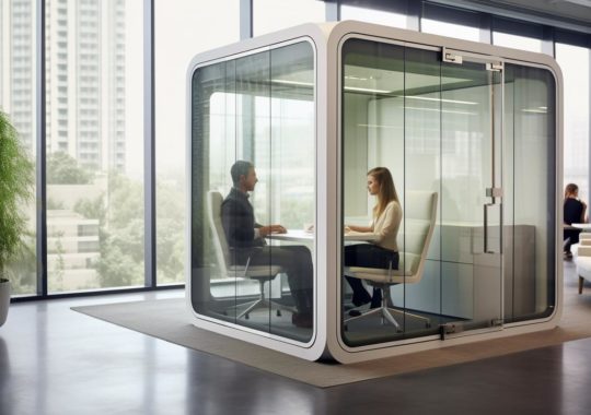 Una cabina de vidrio tecnológicamente diseñada con dos personas sentadas dentro, evocando una sensación de conexión humana y armonía, con líneas nítidas y limpias.