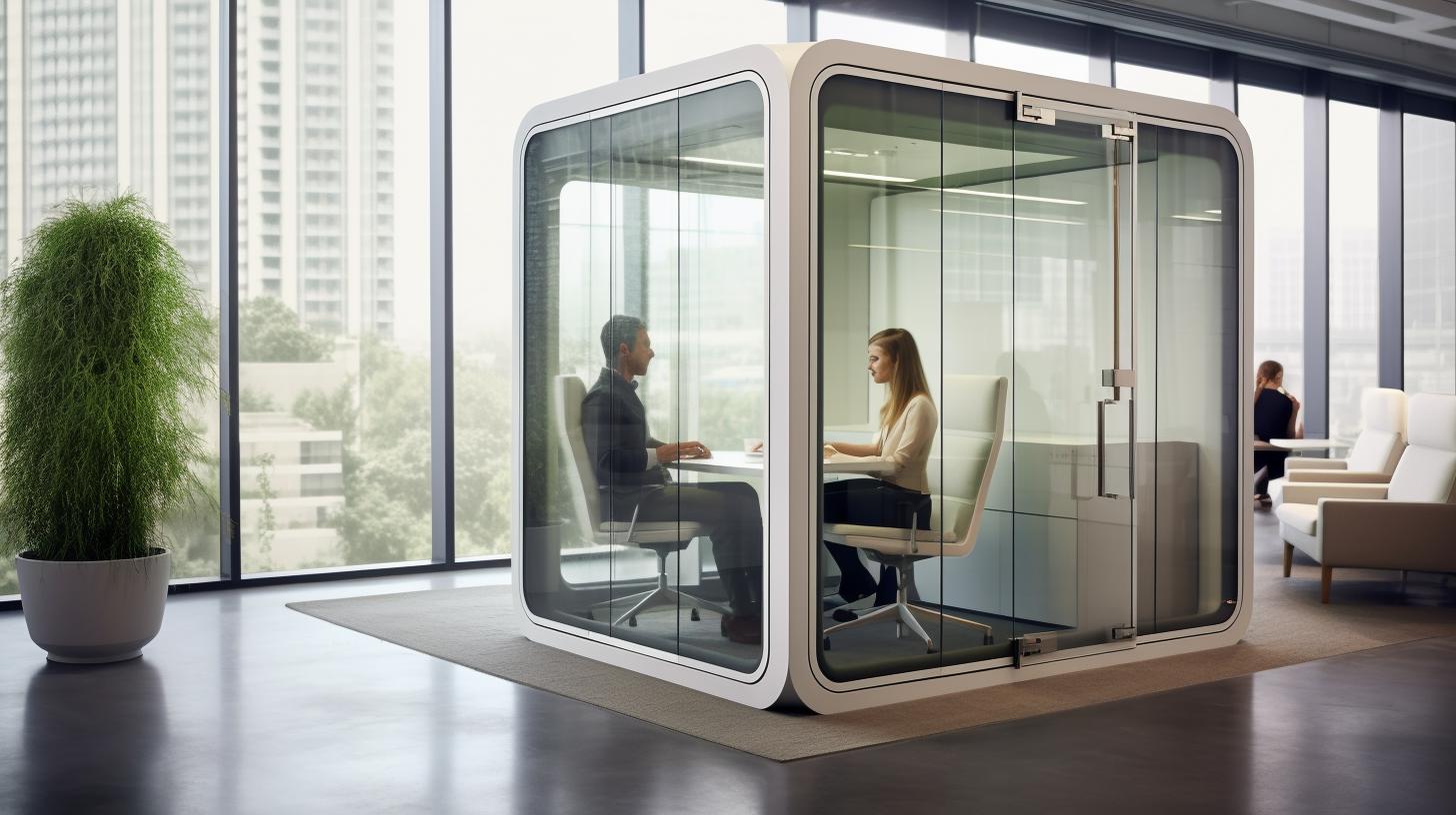 Una cabina de vidrio tecnológicamente diseñada con dos personas sentadas dentro, evocando una sensación de conexión humana y armonía, con líneas nítidas y limpias.
