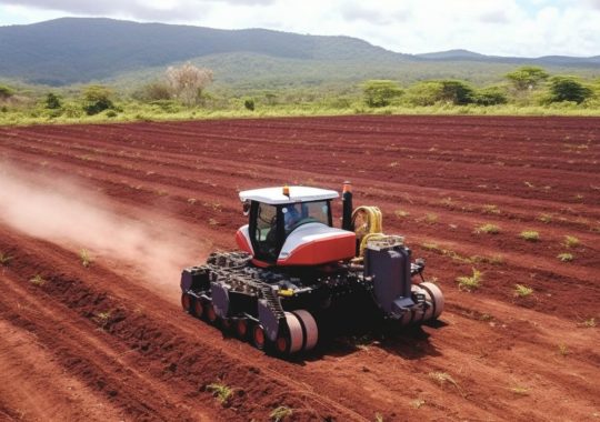 "Un tractor negro en un campo, junto a tierra de colores verde y rojo, con una influencia afrocaribeña y precisión exacta, en tonos de naranja claro, blanco, rojo oscuro e índigo claro."