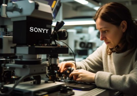 Una mujer trabajando con equipo Sony en un laboratorio digital, con un estilo que combina la autenticidad abrasiva y el tradicionalismo artesanal, evocando una atmósfera de ciencia y emotividad.