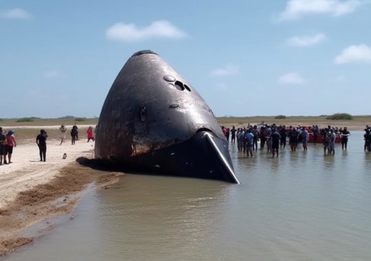 "Un gran barco hundido en el agua, interpretado con el vibrante y geométrico estilo del arte Ndebele, evocando misterio y espacio, en una escena de playa al aire libre, con influencias de los artistas Perry Rhodan, Richard Serra y Tony Cragg."