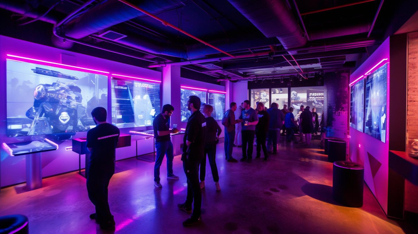 "Personas en una sala de almacenamiento interactiva con pantallas de video, iluminada de manera cinematográfica en tonos grises oscuros y rosados, con un ambiente de ingeniería, construcción y diseño."