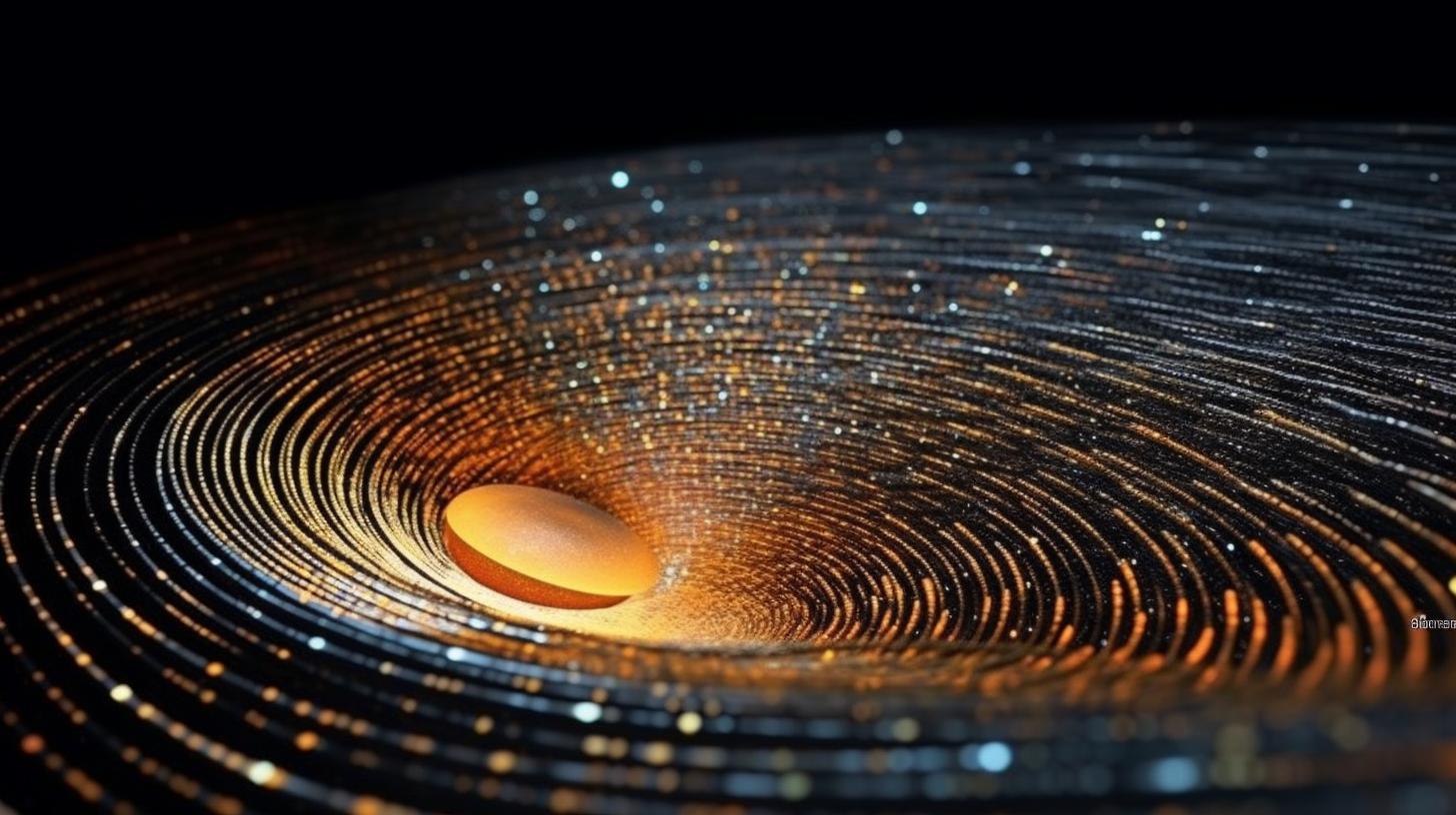 Una espiral iluminada en luz negra rodeada de estrellas naranjas, con superficies metálicas y detalles en plata y oro, evocando un ambiente nanopunk y científico.