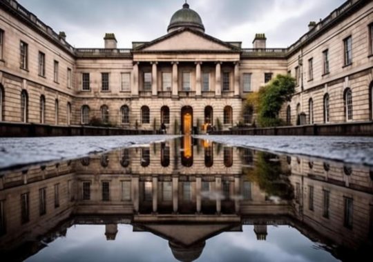 "Una vista del patio de un edificio universitario con agua reflejante, evocando el estilo victoriano de Glasgow con influencias neoclásicas, creando una atmósfera sobrenatural, inspirada en las obras de Henry Raeburn, Adrian Donoghue y Subodh Gupta."