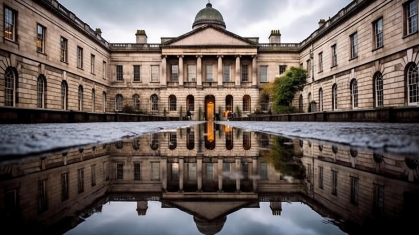 "Una vista del patio de un edificio universitario con agua reflejante, evocando el estilo victoriano de Glasgow con influencias neoclásicas, creando una atmósfera sobrenatural, inspirada en las obras de Henry Raeburn, Adrian Donoghue y Subodh Gupta."