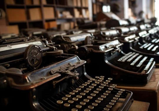 Una colección de máquinas de escribir antiguas en exhibición en una tienda de archivos, capturada en un ambiente cinematográfico y atmosférico, evocando el estilo secesionista y la escuela de Barbizon.