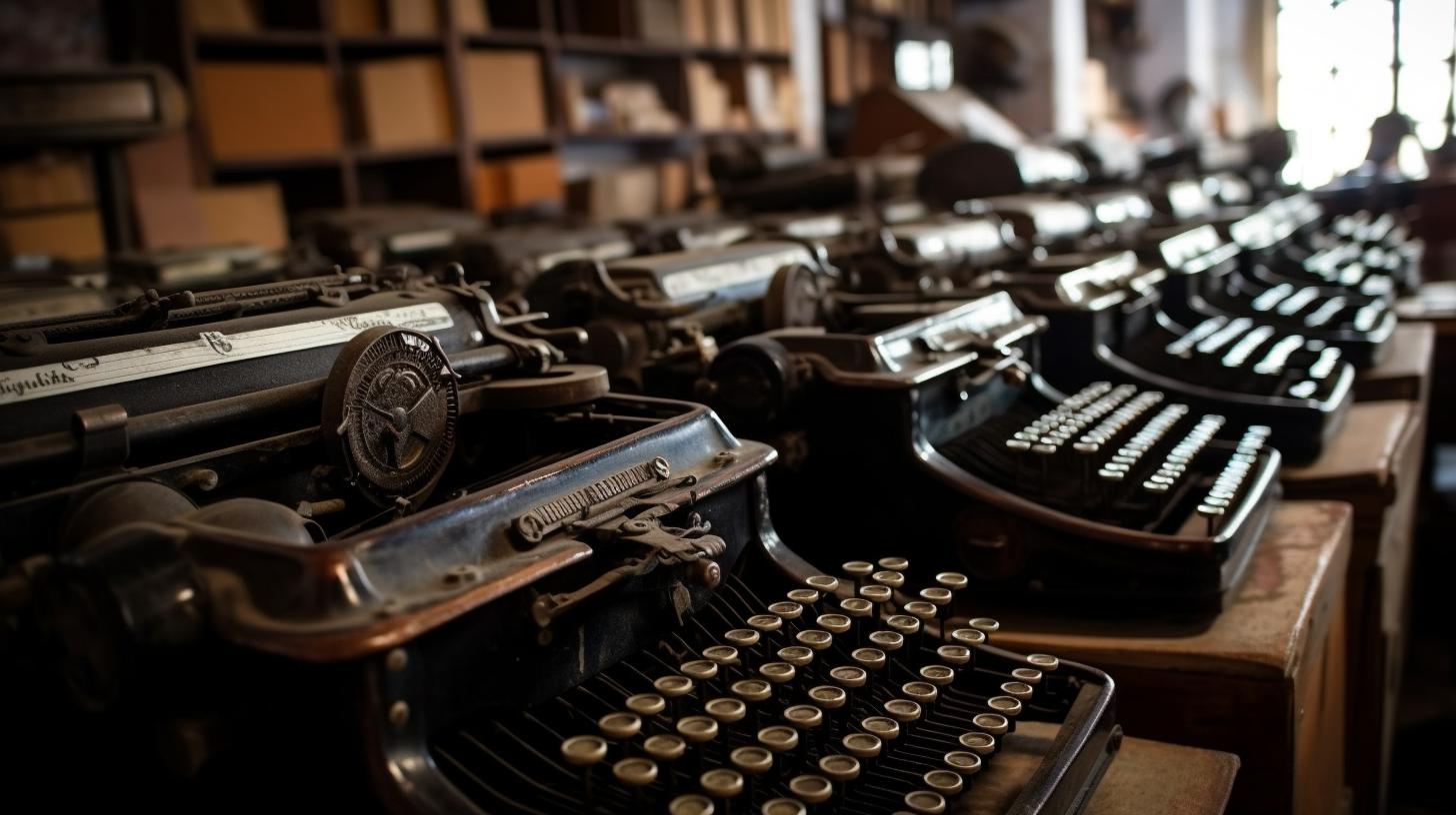 Una colección de máquinas de escribir antiguas en exhibición en una tienda de archivos, capturada en un ambiente cinematográfico y atmosférico, evocando el estilo secesionista y la escuela de Barbizon.