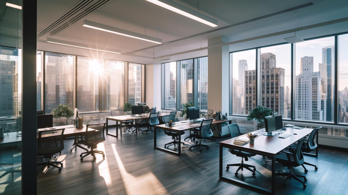 Una oficina vacía bañada por los rayos del sol, con ventanas que ofrecen una vista panorámica de la ciudad, evocando una atmósfera de empatía de la clase trabajadora.