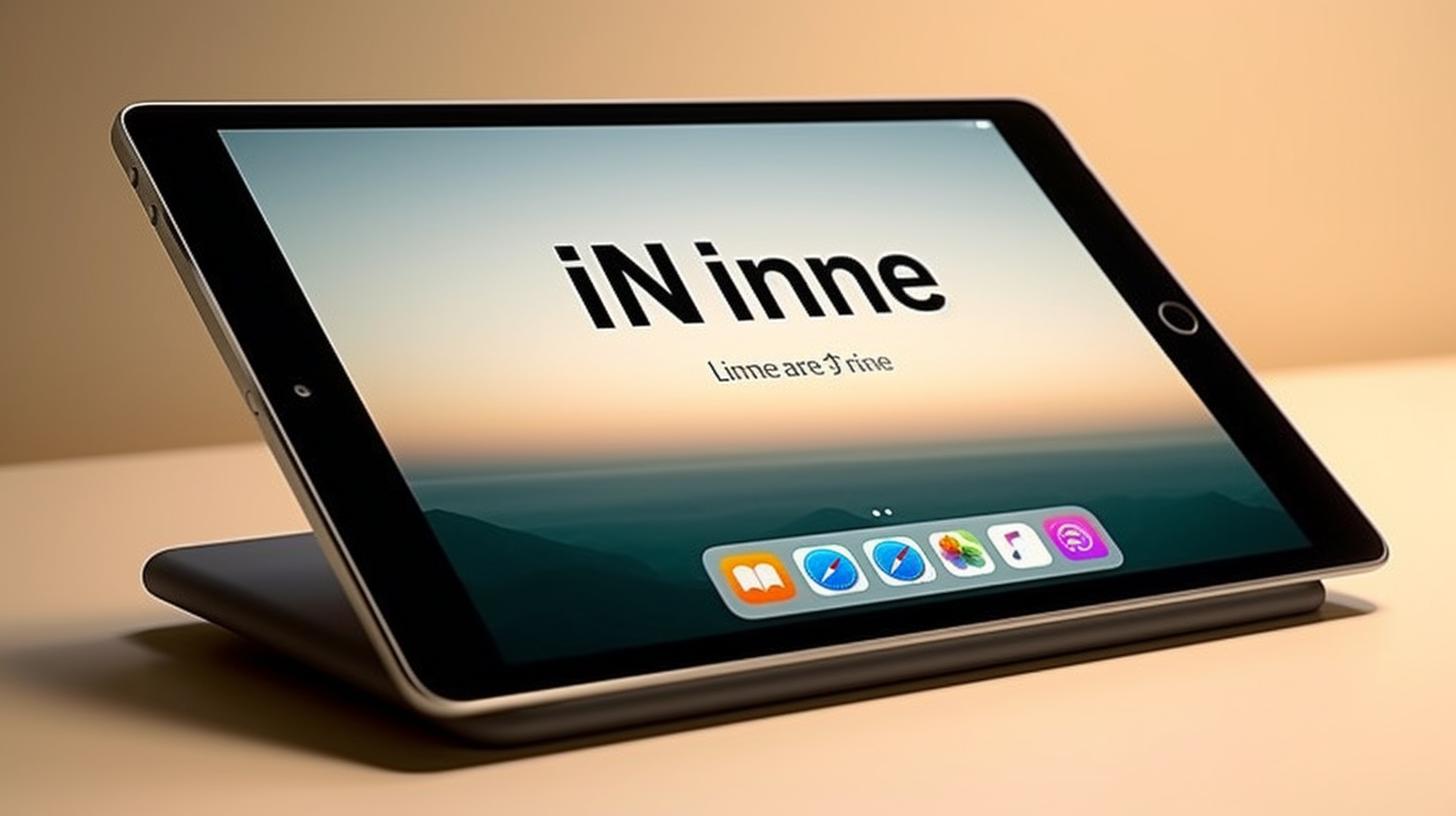 Una representación 3D de un iPad en un ambiente tranquilo con un fondo mate, adornado con un logo, en tonos naranja e índigo.