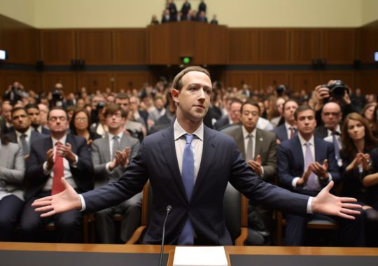 "Mark Zuckerberg de Facebook testificando en un tribunal, rodeado de maravillas tecnológicas y detalles ocultos, con una estética de cabaña galardonada en tonos de púrpura claro y rojo, y un efecto visual que recuerda al mármol vertido."