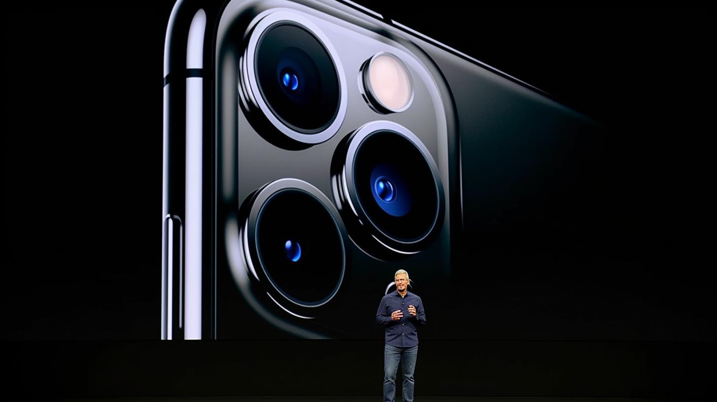 Un hombre habla frente a una imagen reflejada del iPhone 11 Pro, capturada en un estilo de fotografía de escáner, con detalles de entrecruzado audaz y colorido en una escala grande, y resaltada por una luz de borde en tonos oscuros de negro y gris.