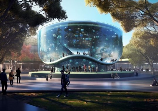 "Un acuario futurista de vidrio que parece un mar, diseñado por Ibex Architects, con formas redondeadas y un estilo industrial retrofuturista, evocando el trabajo de los artistas Magali Villeneuve y Patricia Piccinini."