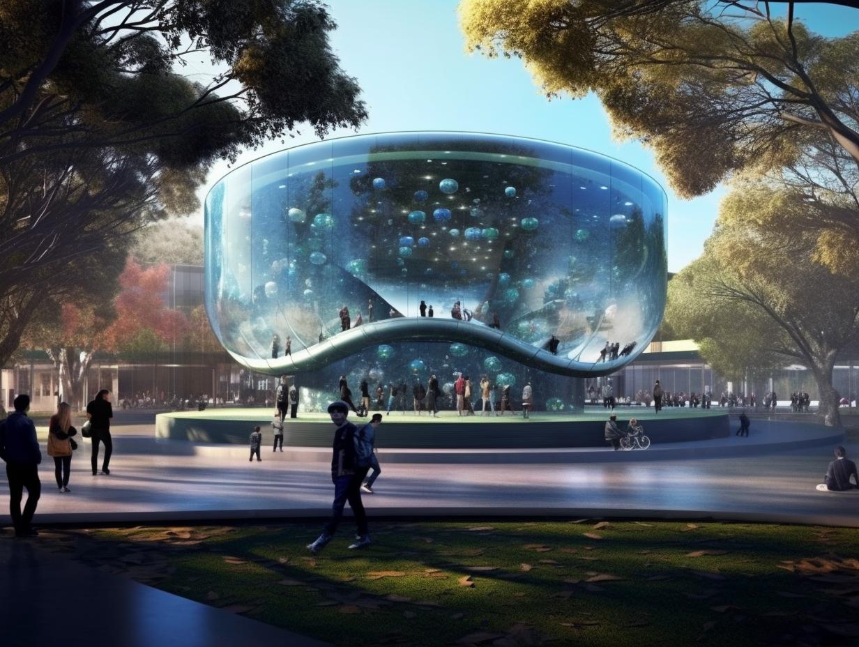 "Un acuario futurista de vidrio que parece un mar, diseñado por Ibex Architects, con formas redondeadas y un estilo industrial retrofuturista, evocando el trabajo de los artistas Magali Villeneuve y Patricia Piccinini."