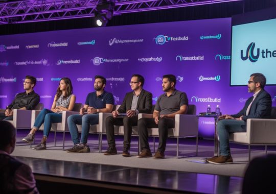 "Grupo de cinco personas interactuando en un escenario durante un evento, con un diseño mecánico y artesanía pulida en tonos de cian claro, morado y gris oscuro, evocando temas simbolistas en un ambiente de tendencia."