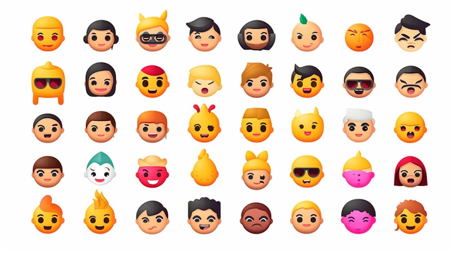 Una multitud de emojis con diversas expresiones faciales, presentados en un estilo audaz y elegante, con tonos de rosa claro, ámbar oscuro, amarillo claro y esmeralda.