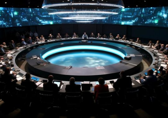 "Una sala de conferencias grande con una mesa redonda moderna, en un estilo futurista cyberpunk de tonos oscuros turquesa y negro claro, con un toque metálico rotativo, inspirada en las obras de Roger Deakins, Boris Groh y Abdel Hadi Al Gazzar."