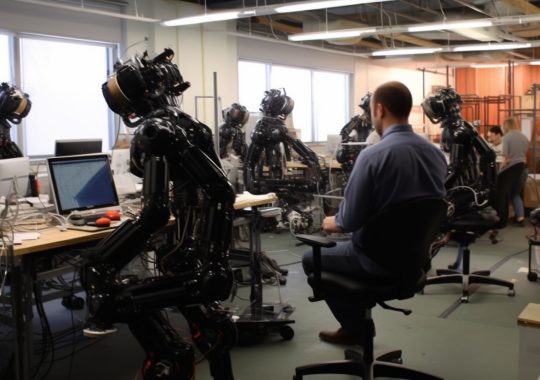 "Robots trabajando en una oficina, representados en tonos oscuros de azul marino y bronce, con un estilo preciso y documental, y figuras a gran escala en gris oscuro y carmesí."