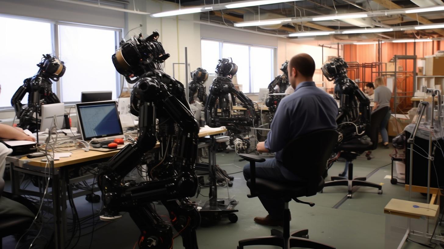 "Robots trabajando en una oficina, representados en tonos oscuros de azul marino y bronce, con un estilo preciso y documental, y figuras a gran escala en gris oscuro y carmesí."