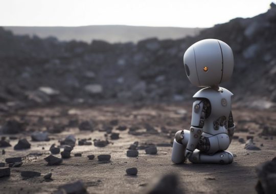 Un robot sentado en un terreno rocoso, contemplando una piedra, en un ambiente emotivo y neo-académico que resalta las conexiones humanas, con tonos grises y ámbar.