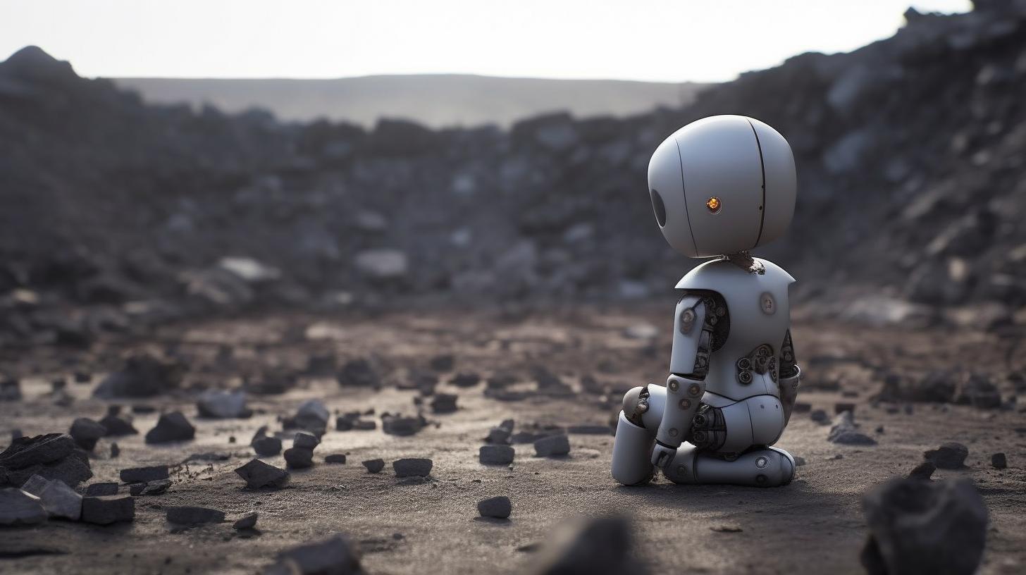 Un robot sentado en un terreno rocoso, contemplando una piedra, en un ambiente emotivo y neo-académico que resalta las conexiones humanas, con tonos grises y ámbar.