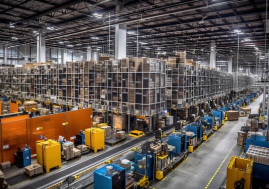 "Vista panorámica de los enormes almacenes de Amazon en las instalaciones de Inerrnaud, capturando la esencia del diseño industrial y una crítica al consumismo."